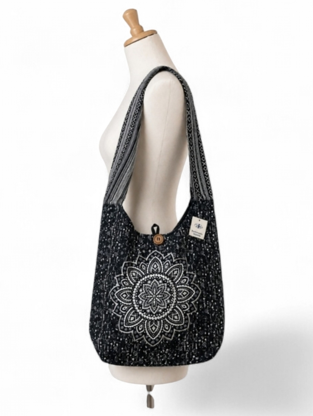 Kathmandu Imports Black Cotton Mandala Star Boho Hobo Crossbody Bag Nepal NEW